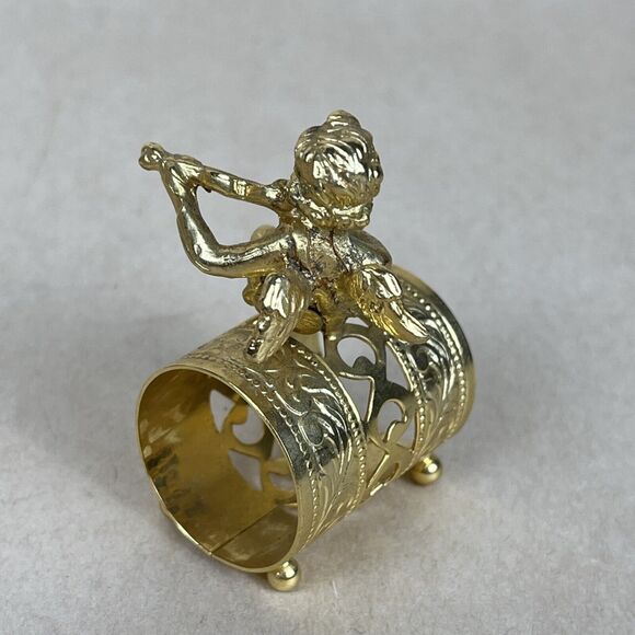 VTG 8pc Gold Tone Metal Angel Playing Violin Filigree Napkin Ring Holder Signed‎ - Picture 6 of 16